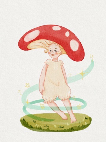 A mushroom girl whimsically appearing with the wind
