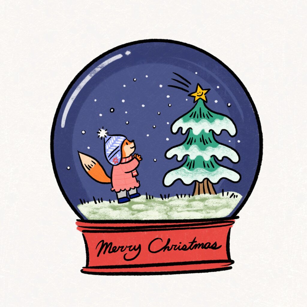 A fox is making a wish to its christmas tree in a snow globe