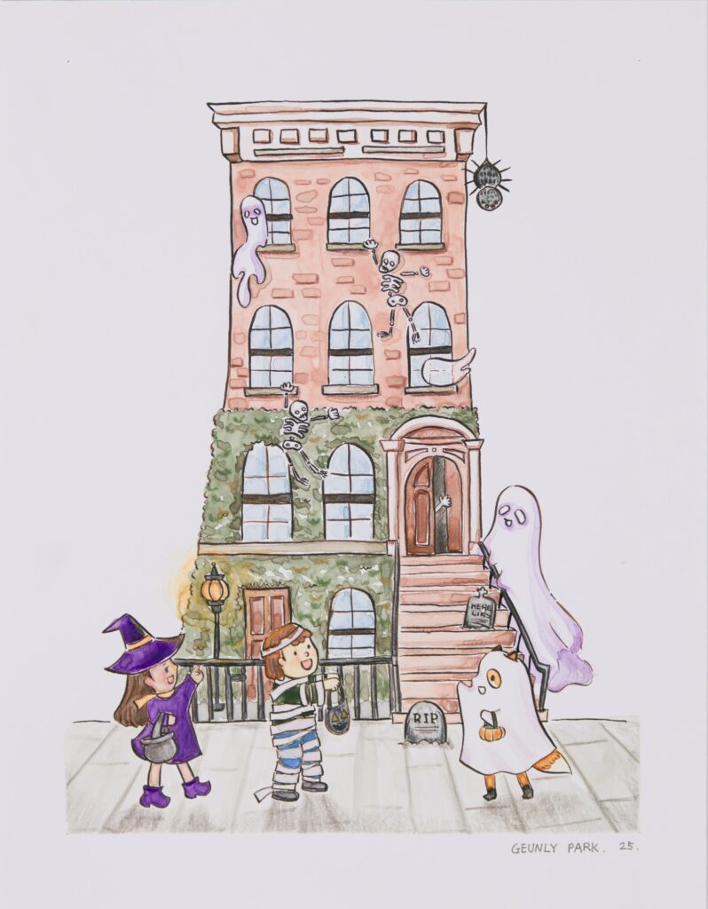 A girl in witch costume and a boy dressed as a mummy are trick-or-treating around brownstone building. They were happy seeing realistic ghosts, skeletons, and mysterious hand waving at them. But one ghost has a tail and ears popping out, and it is a fox who was wearing a costume.